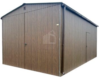 lemezgarázs 4x6m - Kétszárnyú Kapu - ajtó - sötét dió - fahatású - nyeregtető ID935