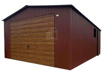 lemezgarázs 4,5x6m - billenőkapu - ajtó - otwór - sötétbarna - fahatású - nyeregtető ID933