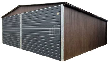 lemezgarázs 6x5,8m - 2x billenőkapu - sötét dió - fahatású - antracit - csatorna - nyeregtető ID926