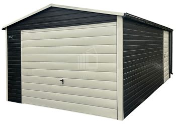 lemezgarázs 3,5x5m - billenőkapu - ajtó - norvég fenyő - fahatású - fehér - csatorna - nyeregtető ID923
