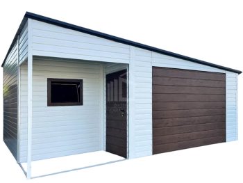 lemezgarázs 5x6m - beugró 2m - billenőkapu - bukóablak - ajtó - fehér - sötét dió - tető oldalra lejtő ID914