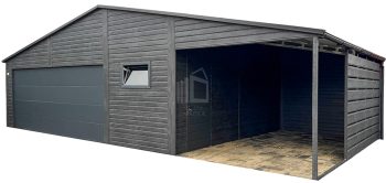 lemezgarázs 8x6m + oldaltető 3x6 - szekcionált kapu - ajtó - bukóablak - norvég fenyő - antracit - fahatású - csatorna - nyeregtető ID892