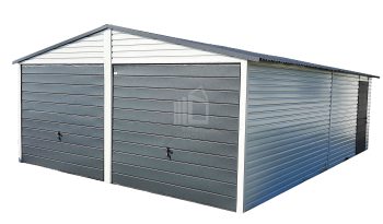 Lemezgarázs 6m x 7m - 2x billenőkapu - ajtó - fehér + antracit - nyeregtető ID156