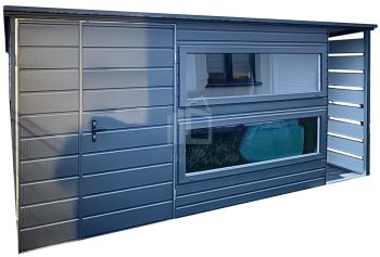 Kerti Fészer 3,8x2,5m + oldaltető 0,7x2,5m - Kétszárnyú Kapu - 2x ablak - antracit - csatorna - tető hátra lejtő ID877