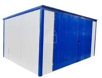 Lemezgarázs 4m x 5m - billenőkapu - kék - fehér - tető hátra lejtő ID157