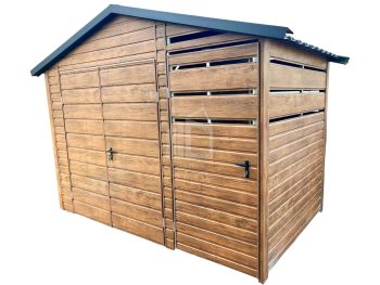 Kerti Fészer 2x2m + oldaltető 1m - Kétszárnyú Kapu - ajtó - világos dió - fahatású - cserepeslemez - tető nyeregtető ID796