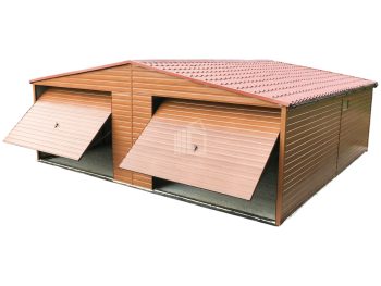 lemezgarázs 7,5x6m - 2x billenőkapu aranytölgy - fahatású - cserepeslemez - csatorna - tető nyeregtető ID795