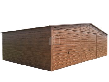 lemezgarázs 9x6m - 3x billenőkapu - ajtó - világos dió - fahatású - tető nyeregtető ID793