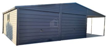 lemezgarázs 6m x 6m + oldaltető 3m - 2x billenőkapu - 2x ablak - ajtó - csatorna - cserepeslemez - antracit - nyeregtető ID280