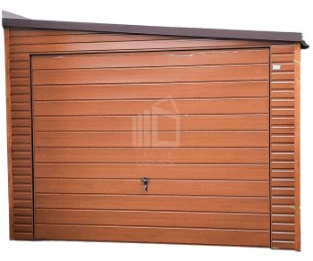 Lemezgarázs 3,5m x 6m - 2x billenőkapu - világos dió - fahatású - tető oldalra lejtő ID161