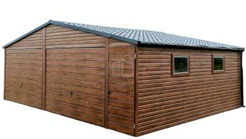 lemezgarázs 7m x 6m - billenőkapu - sötét dió - cserepeslemez - nyeregtető ID96