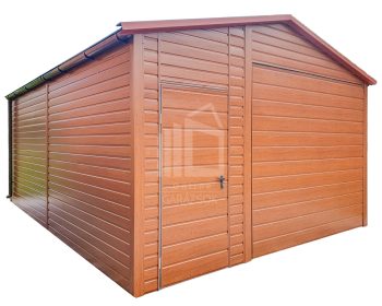 lemezgarázs 4,5x6m - billenőkapu - ajtó - bukóablak - cserepeslemez - csatorna - aranytölgy - fahatású - nyeregtető ID642