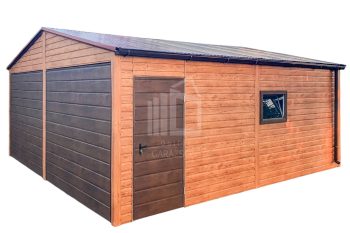 Lemezgarázs 6x6m - 2x Billenőkapu - 2x Bukóablak - Ajtó - Világos dió - Sötét dió - Fahatású - Csatorna - Nyeregtető tető ID623