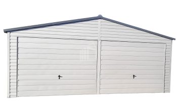 Lemezgarázs 6,5m x 6m - 2x billenőkapu - fehér - nyeregtető ID166