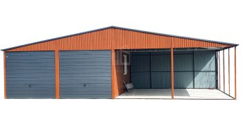 Lemezgarázs 6m x 6m + oldaltető 6x6m - 2x billenőkapu - ajtó - világos dió - nyeregtető ID140