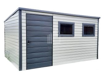 Kerti Fészer 3,5m x 3m - ajtó - 2x bukóablak - fehér - antracit - tető hátra lejtő ID176