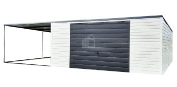 Lemezgarázs 6m x 6m + oldaltető - Billenőkapu - ajtó - fekete + fehér - tető hátra lejtő ID173