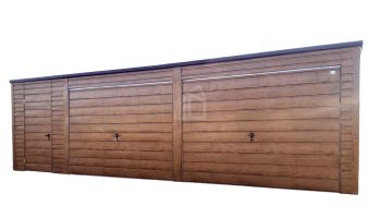 Lemezgarázs 8m x 6m - 2x Billenőkapu - ajtó - fahatású - tető hátra lejtő ID200
