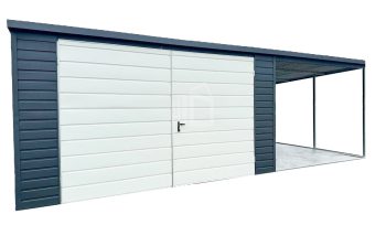 Lemezgarázs 4m x 6m + oldaltető 3x6 - Kapu - antracit + fehér - tető hátra lejtő ID201