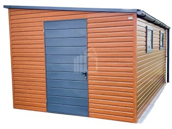 Kerti Fészer 3m x 6m - ajtó - 2x ablak - fahatású - aranytölgy - tető oldalra lejtő ID184