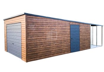 Lemezgarázs 4m x 6m + oldaltető 2m - billenőkapu - ajtó - fahatású - sötét dió ID272