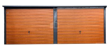 Lemezgarázs 6m x 6m - 2x billenőkapu - aranytölgy - antracit - tető hátra lejtő ID95