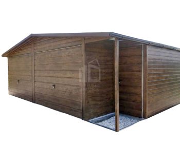 Lemezgarázs 7m x 7m + beugró - 2x billenőkapu - ajtó - csatorna - sötét dió fahatású - nyeregtető ID278