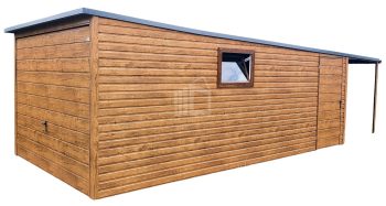 lemezgarázs 3m x 6m - tető hátra lejtő - billenőkapu - oldaltető - ajtó - ablak - fahatású ID87
