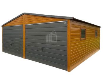 Lemezgarázs 6m x 6m - 2x Kapu - ajtó - 2x ablak - aranytölgy - fahatású + antracit - nyeregtető ID203