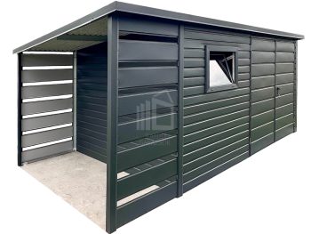 Kerti Fészer 3,5x2m - oldaltető 1m - Kétszárnyú Kapu - ablak - sötét grafit - matt antracit - tető hátra lejtő ID1071