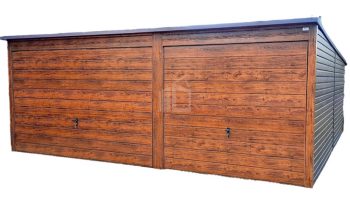 Lemezgarázs 6m x 6m - 2x billenőkapu - sötét dió - fahatású - tető hátra lejtő ID150
