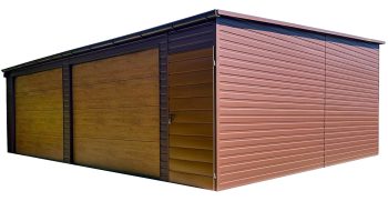 lemezgarázs 8x6m - 2x Szekcionált Kapu - ajtó - sötétbarna - aranytölgy - fahatású - tető Előre lejtő - csatorna ID1040