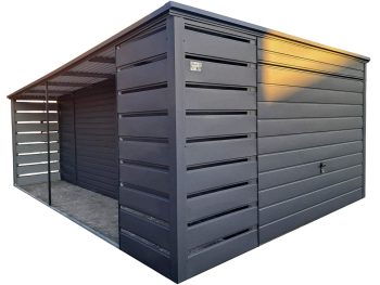 lemezgarázs 3x6m + oldaltető 1m - billenőkapu - ajtó - antracit - tető hátra lejtő ID965