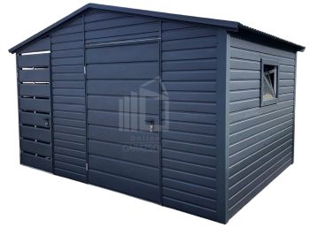 Kerti Fészer 2,5x2,5m + Oldaltető 0,9x2,5m - Bukóablak - Ajtó - Antracit - Nyeregtető tető ID626