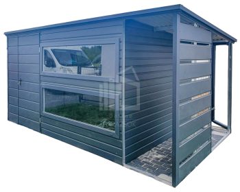 Kerti Fészer 3,5x2m + Oldaltető 1m - 2x Bukóablak - Ajtó - Antracit - Hátra lejtő tető ID631